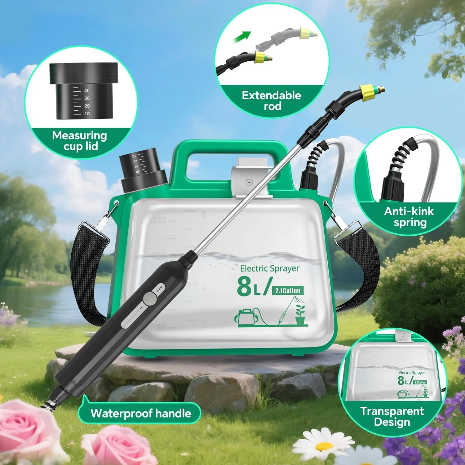 2 Gallon Electric Garden Sprayer Battery Powered Telescopic Wand 3 Nozzles USB Rechargeable
