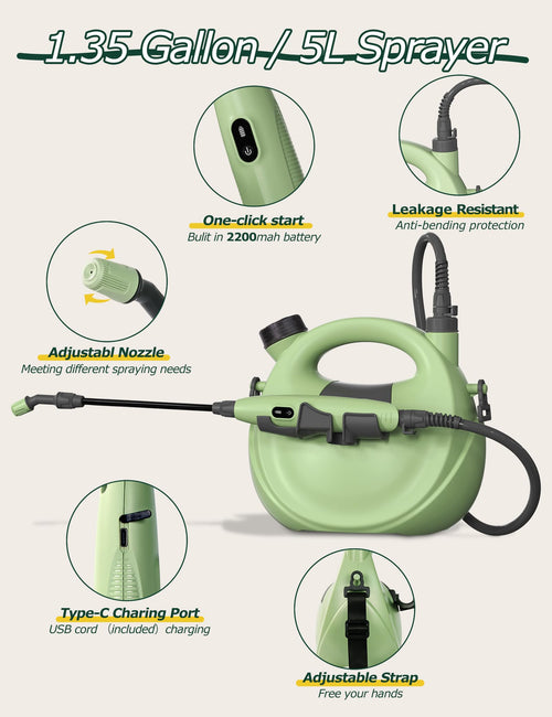 1.35 Gallon Electric Garden Sprayer Battery Powered Telescopic Wand Adjustable Nozzle USB Rechargeable