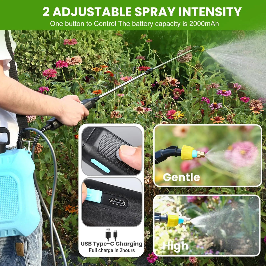 2 Gallon Electric Garden Sprayer Battery Powered Retractable Wand 4 Nozzles USB Rechargeable
