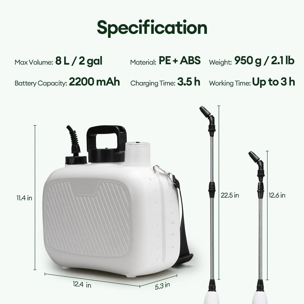 2 Gallon Electric Garden Sprayer Battery Powered 3 Nozzles Ergonomic Handle USB Rechargeable